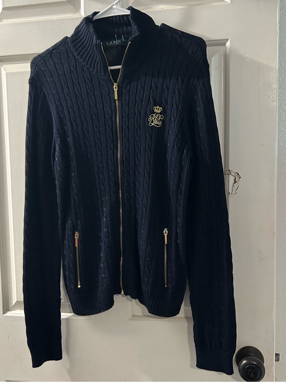 Lauren Ralph Lauren Navy Cable-Knit Zip Jacket with Gold Crest